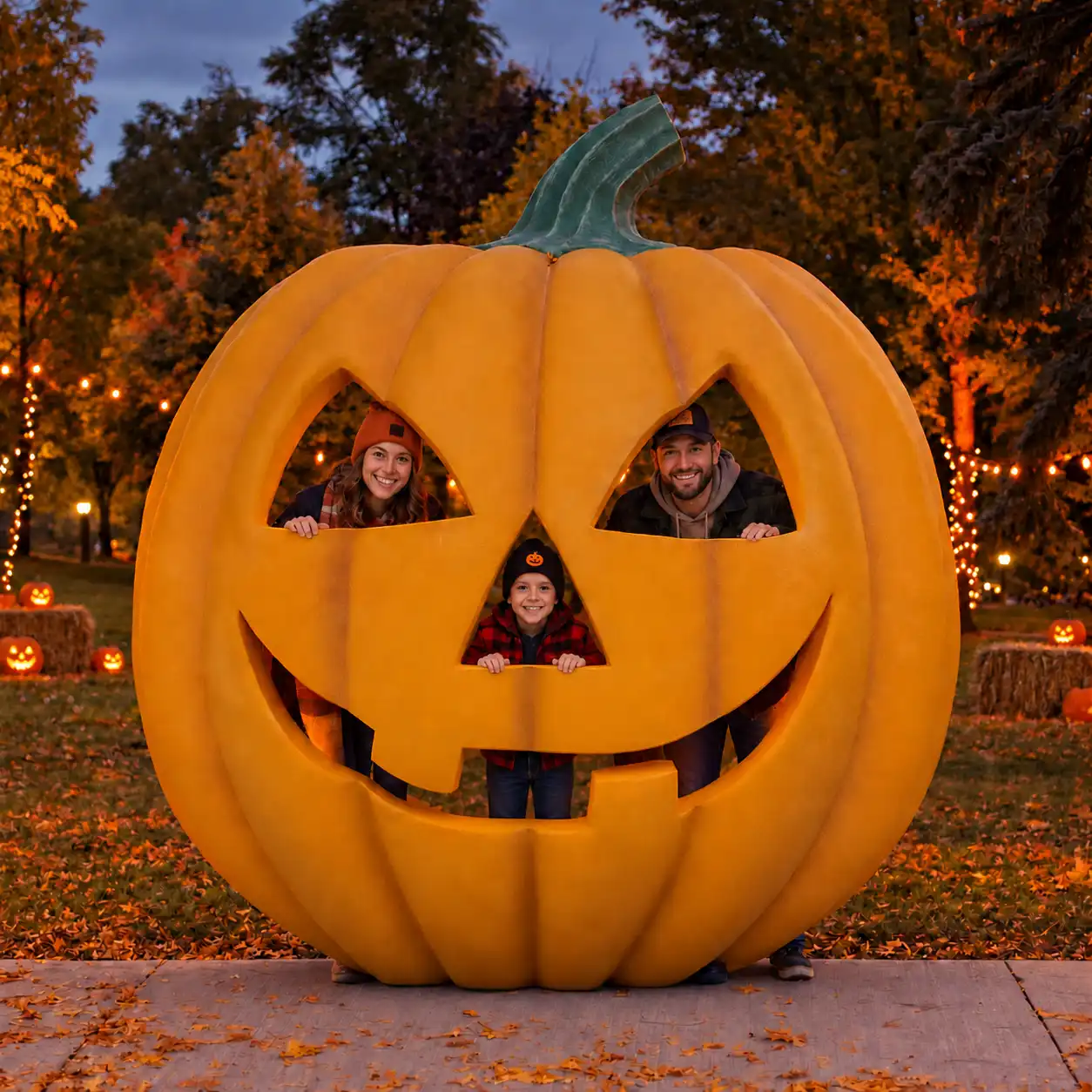 Large jack-o-lantern Halloween photo opportunity with people posing inside